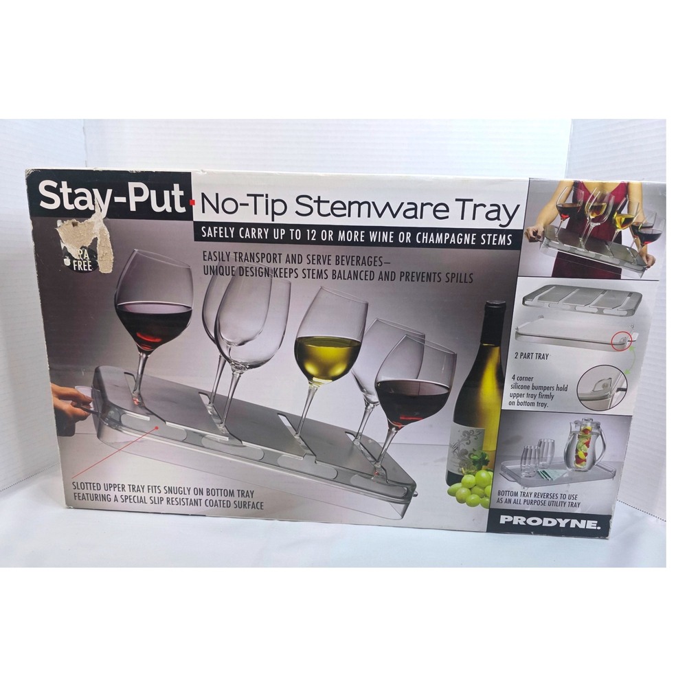 Prodyne Stay-Put No-Tip Stemware Tray Wine Champagne Glass Holder Clear BPA Free